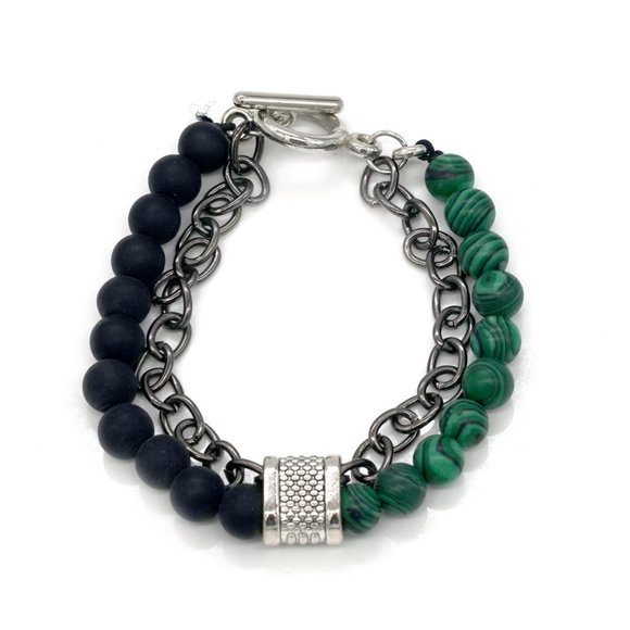 Men's bracelet with lava rock and Malachite stones. Toggle clamp. - Picture 5 of 5